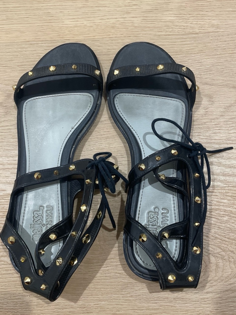 Women's Black Studded Lace-Up Sandals with Gold Accents